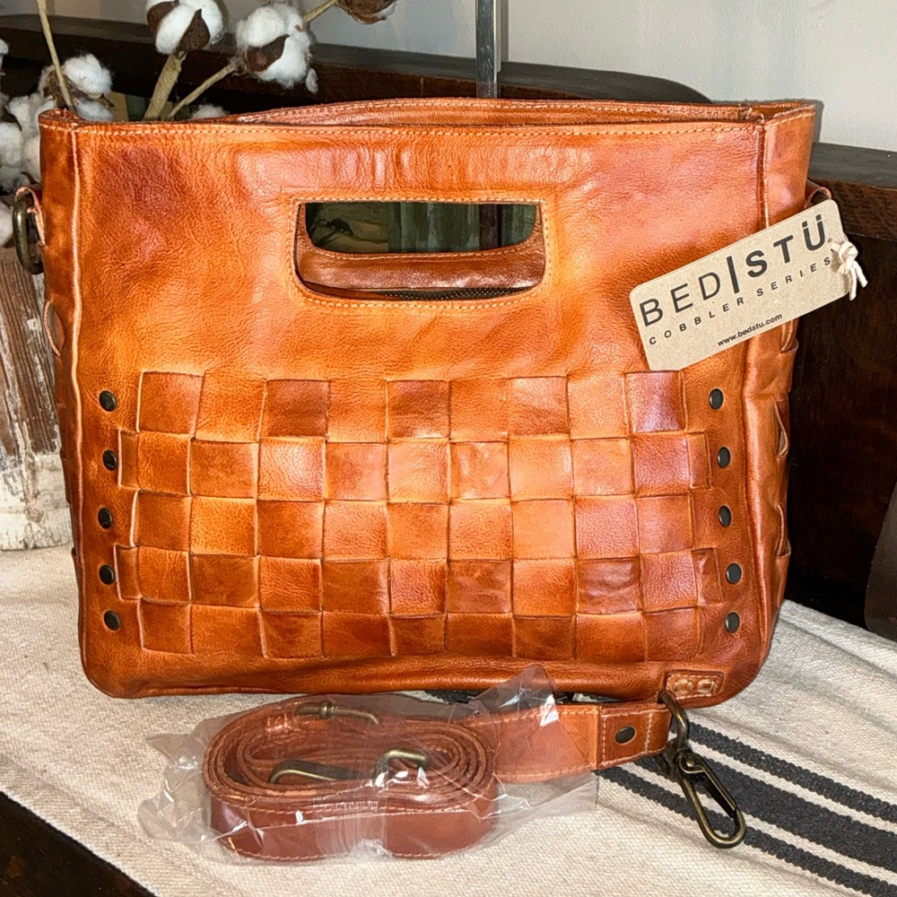 NWT Bed Stu Orchid Leather Satchel Handbag Crossbody Bag Cognac Dip Dye MSRP 280 - Picture 3 of 14